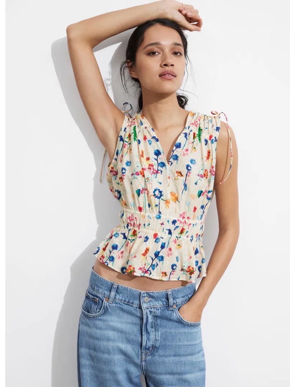 & Other Stories Cream Floral Smocked Peplum Top